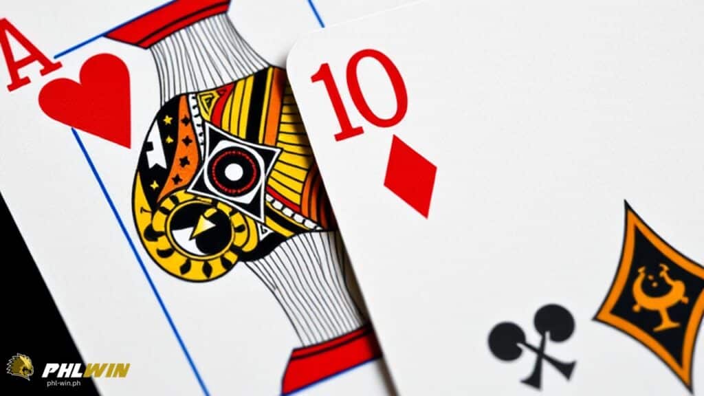 a pair of cards in blackjack: a Ace of hearts and 10 of diamond