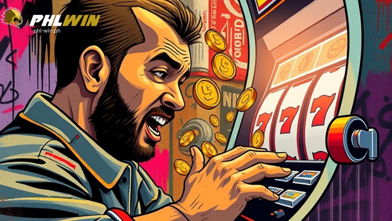 a man playing slot machine with coins around him