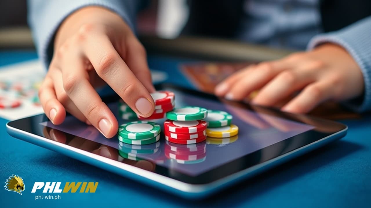 casino chips in a hand and placing them on a tablet