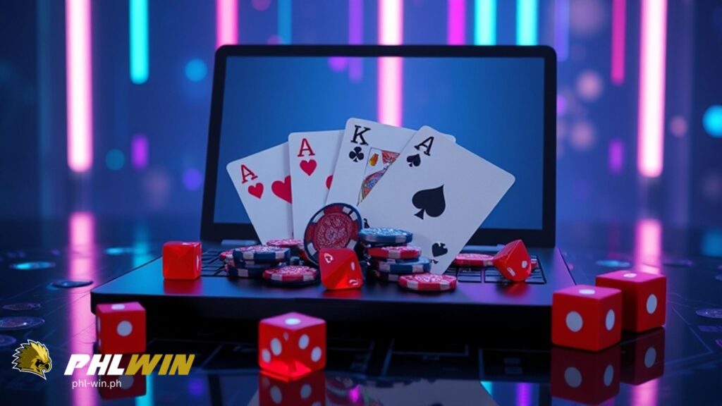 a laptop that display casino cards and chips, with red dice