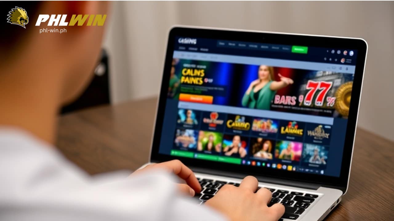 a man infront of a laptop displaying online casino site