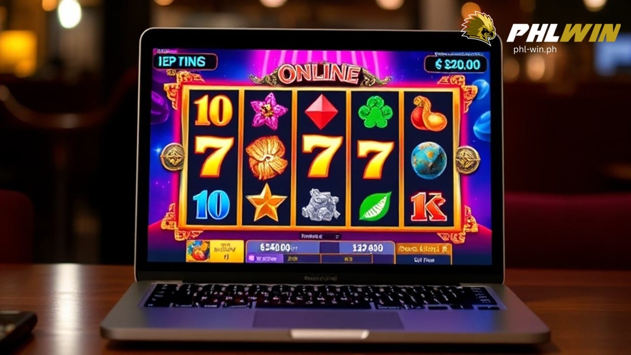 a laptop displays online slot game