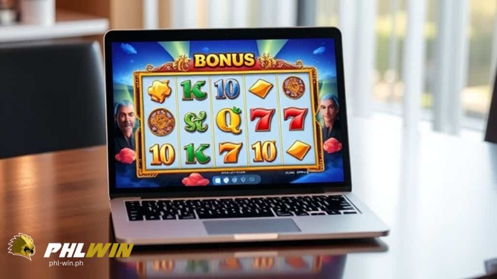 A laptop on a table displays an online slot game that generates bonus.